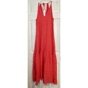 120% Lino Linen Maxi Dress Small Coral Pink Tiered Halter V-Neck Italy